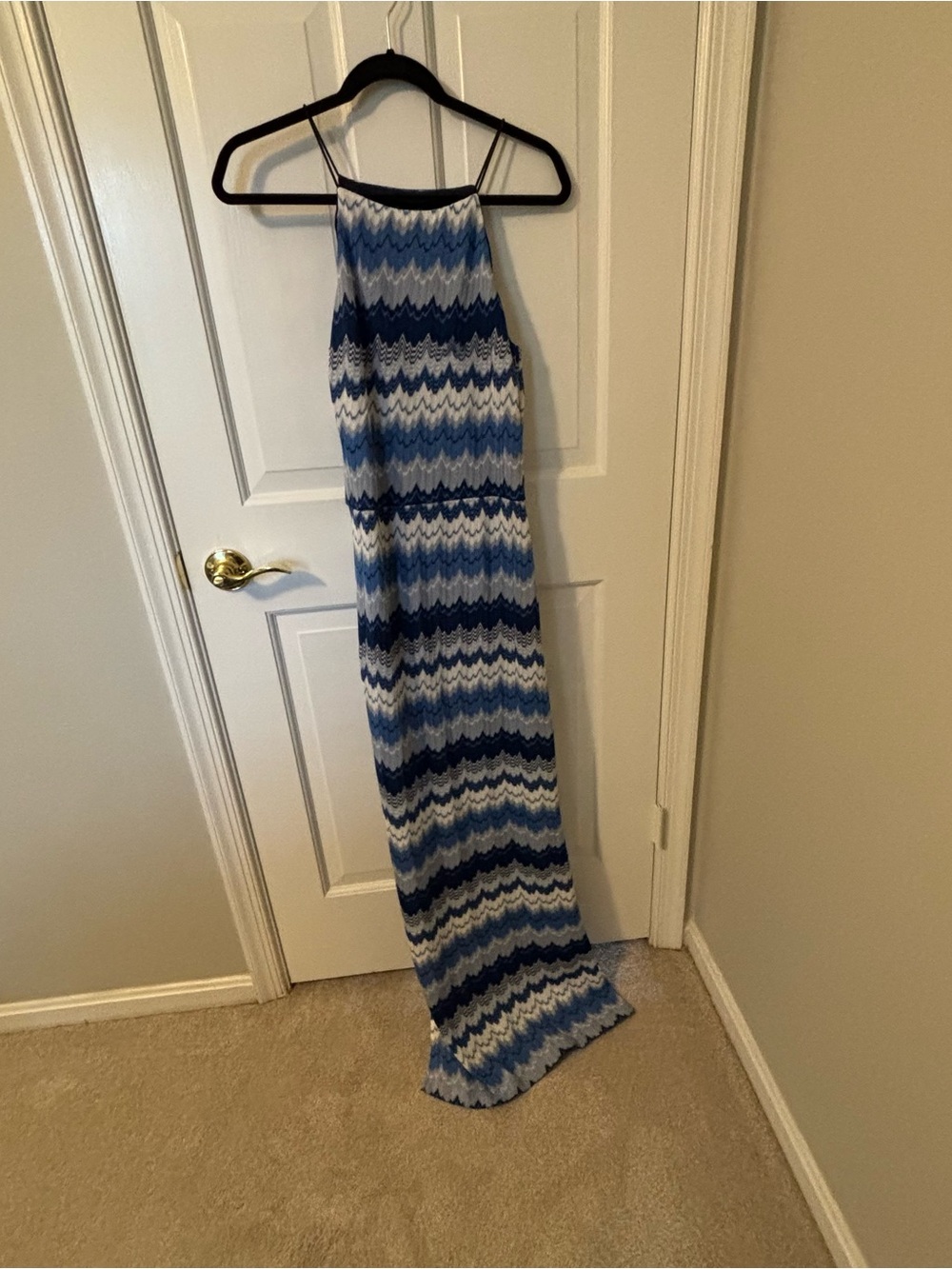 Aqua Blue and White Zigzag Halter Maxi Dress